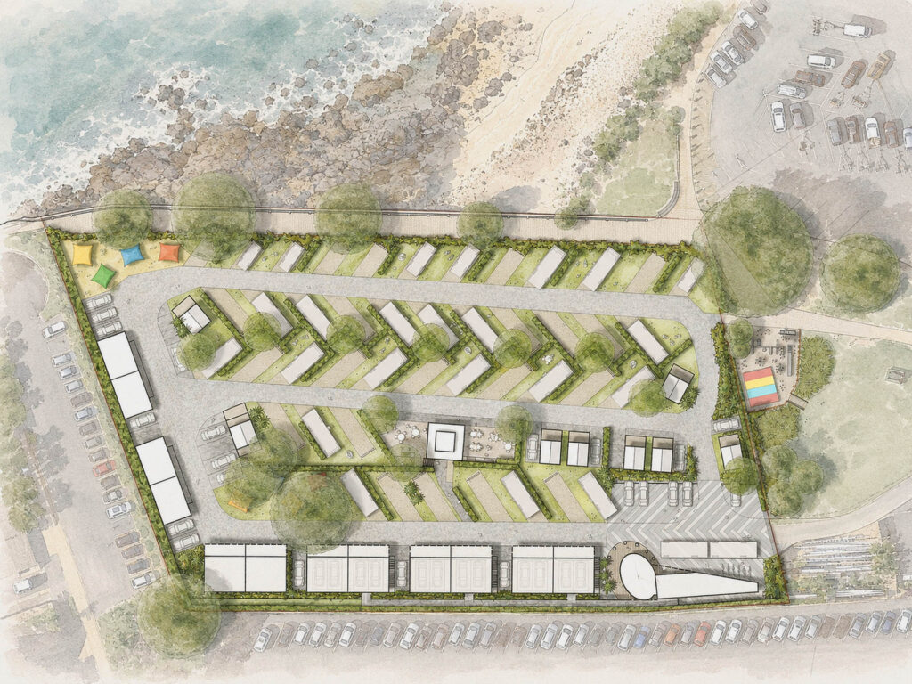Landscape masterplan for Takapuna Camp Ground showing camper sites, accommodation, circulation, planting and waterfront spaces.
