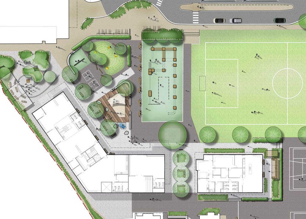 Landscape plan for Arrowtown School showing play areas, sports courts, paths and tree planting.
