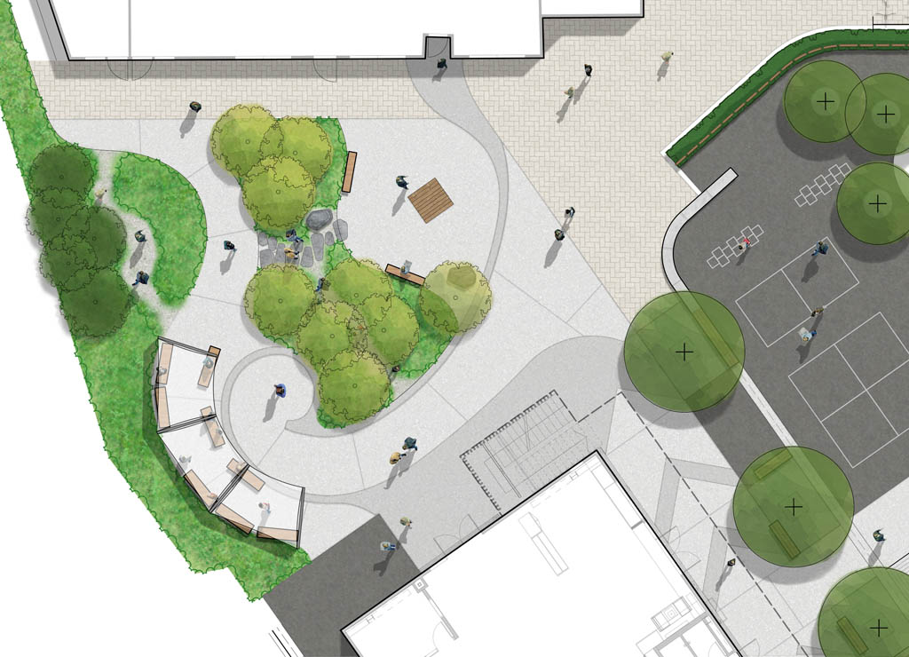Landscape plan for an outdoor classroom, native garden and learning paths at Arrowtown School.