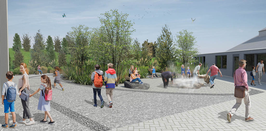 Landscape design visualisation of an outdoor learning courtyard with native planting, seating and students at Arrowtown School.