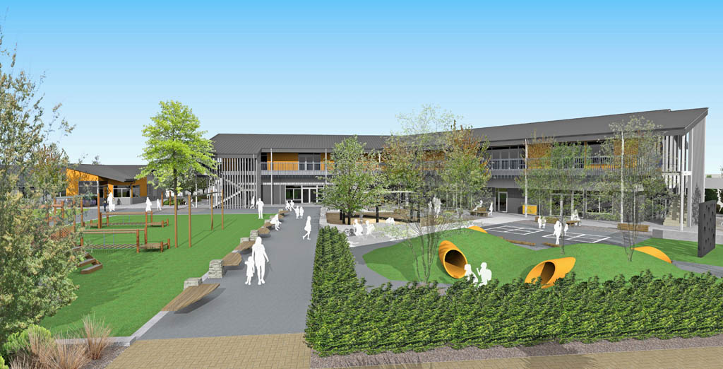 Landscape design visualisation of Arrowtown School with play mounds, slides, paths, planting and a new teaching block.