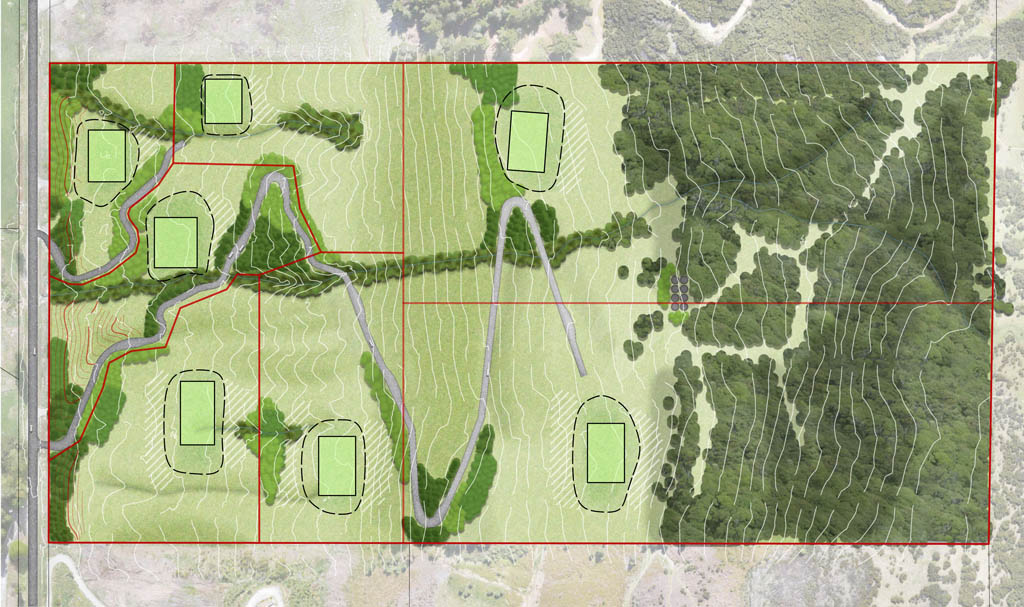 Landscape masterplan for Paradise Road Rural Living showing building platforms, access, landform and native planting areas.