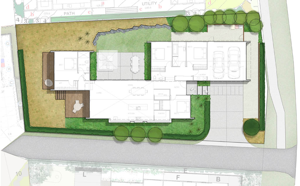 Landscape plan for a compact Jacks Point lot with lawn, courtyard, driveway and perimeter planting.