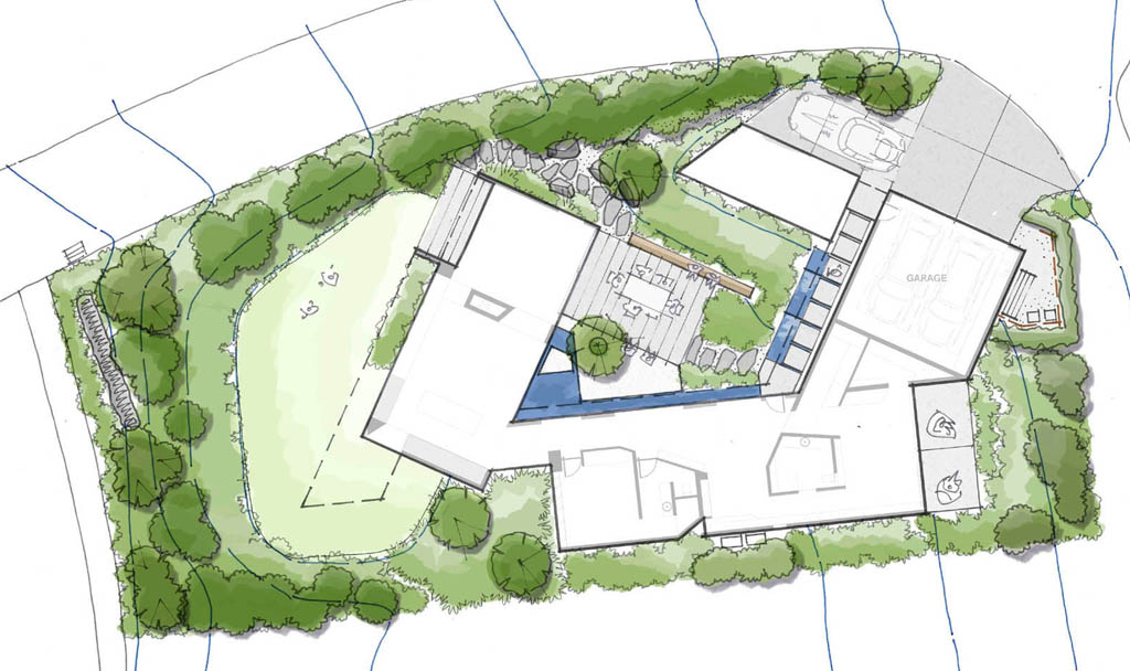 Residential landscape plan at Jacks Point with a central courtyard, lawn and extensive native planting.