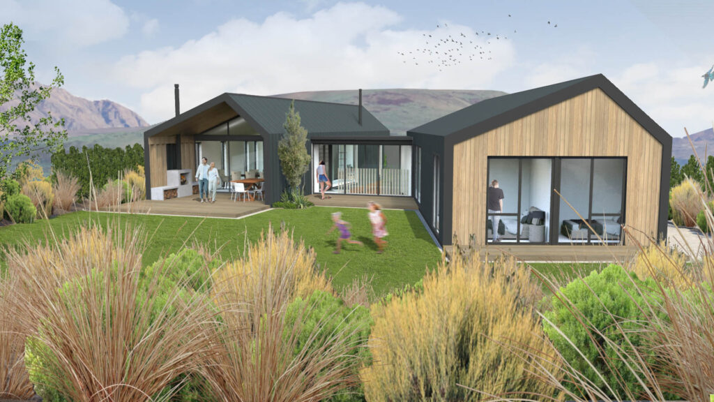 Residential design visualisation at Jacks Point with contemporary homes, lawn and layered tussock planting.