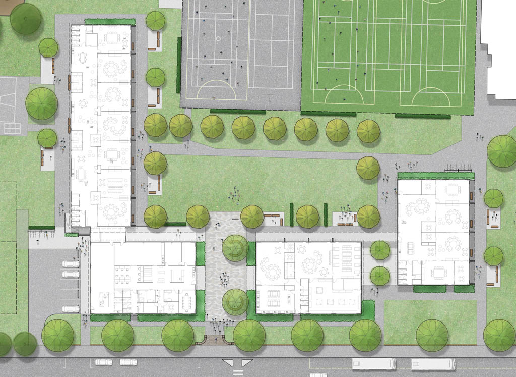 Rendered plan prepared for Maniototo Area School, illustrating the proposed landscape layout and design intent.