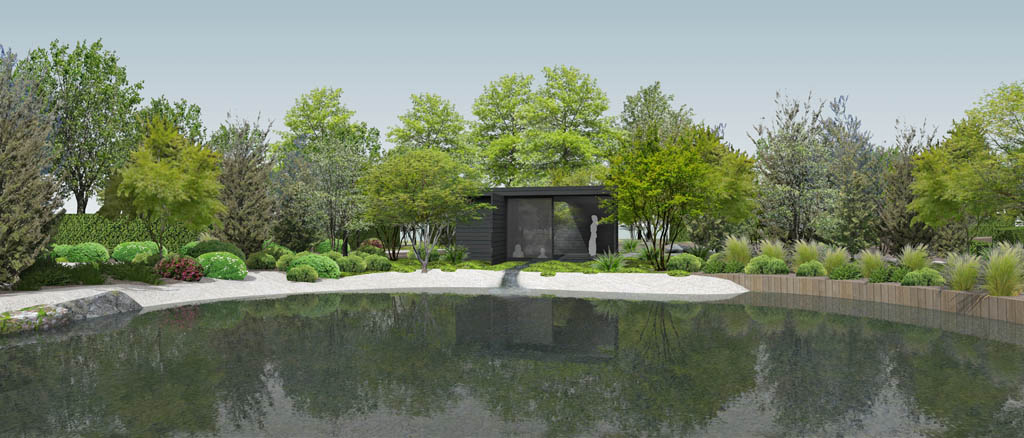 Landscape design visualisation of a dark timber pavilion beside the pond, framed by trees, shrubs and gravel paths.