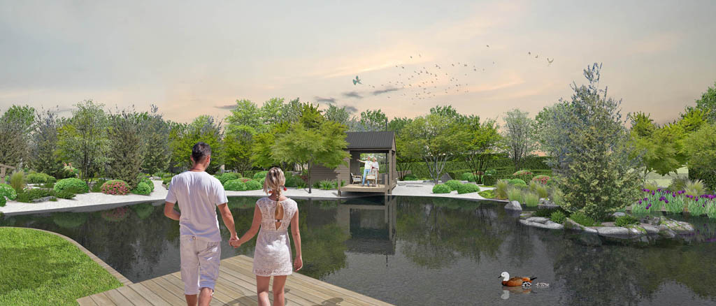 Landscape design visualisation of visitors overlooking the proposed pond, pavilion and ornamental planting at Millbrook Mountain Garden.