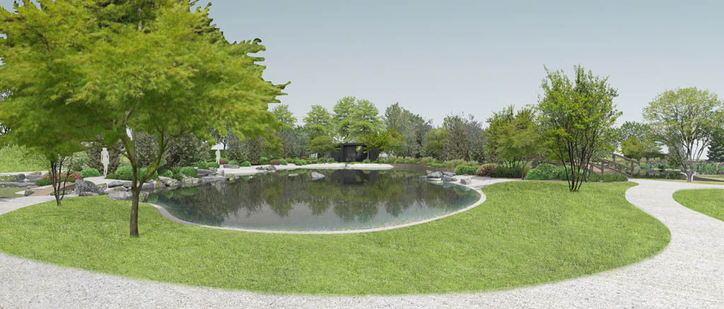 Landscape design visualisation of Millbrook Mountain Garden with a central pond, curved gravel paths, lawns and layered tree planting.