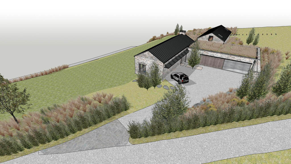 Landscape sketchup visualisation of the Shotover River House entrance, driveway, hedges and native planting.