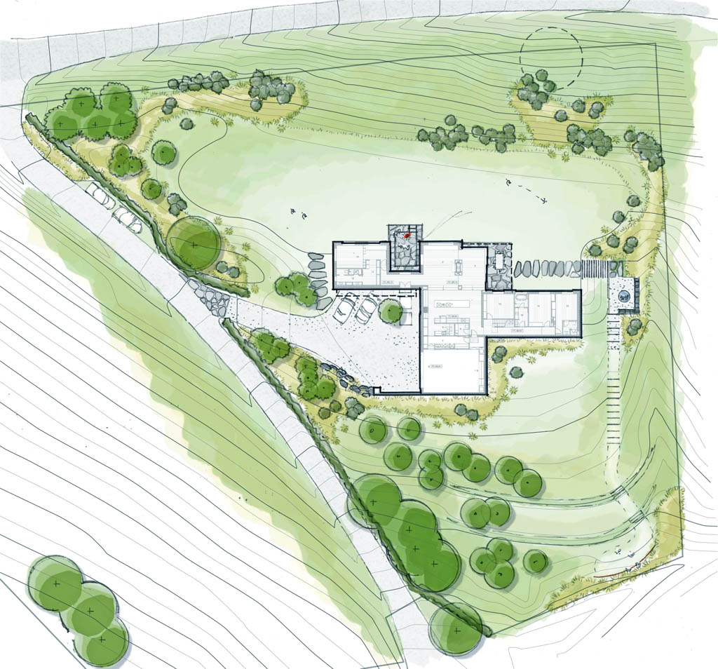 Landscape plan for Shotover River House showing the residence, access, lawns, native planting and landform.