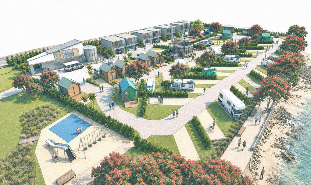 Aerial design visualisation of Takapuna Camp Ground with camper sites, cabins, paths, planting and the beach edge.