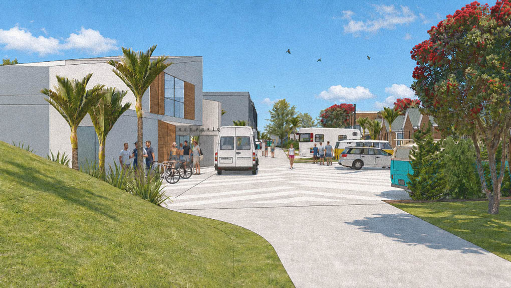 Landscape design visualisation of the Takapuna Camp Ground arrival area with vehicles, planting and pedestrian spaces.