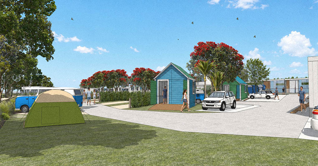 Landscape design visualisation of camper sites, cabins, lawn and pōhutukawa trees at Takapuna Camp Ground.