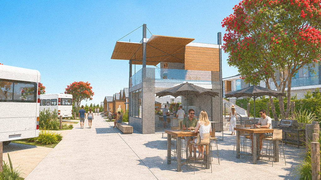 Landscape design visualisation of the Takapuna Camp Ground reception and outdoor dining area beside camper circulation.