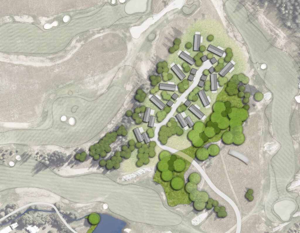 Landscape concept for a development node within The Hills Resort Zone, integrated with landform and tree planting.