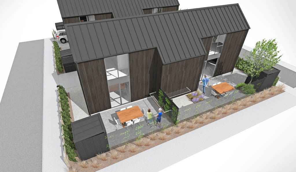 Three-dimensional design visualisation of a Willow Pond housing courtyard with outdoor living, planting and privacy screens.