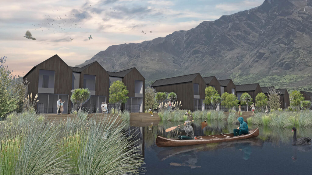 Landscape design visualisation of Willow Pond with waterfront homes, wetland planting and mountain views.