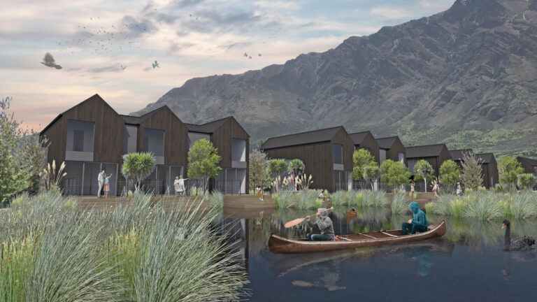 Landscape design visualisation of Willow Pond with waterfront homes, wetland planting and mountain views.