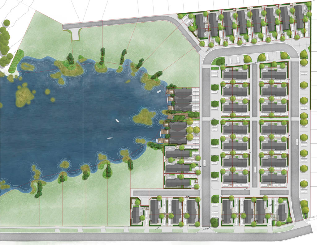 Landscape masterplan for Willow Pond showing residential streets, waterfront lots, open space and the landscaped pond edge.