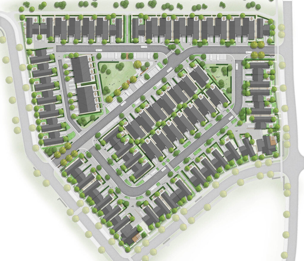 Landscape masterplan for Station View at Jacks Point Village showing streets, homes, open spaces and planting.