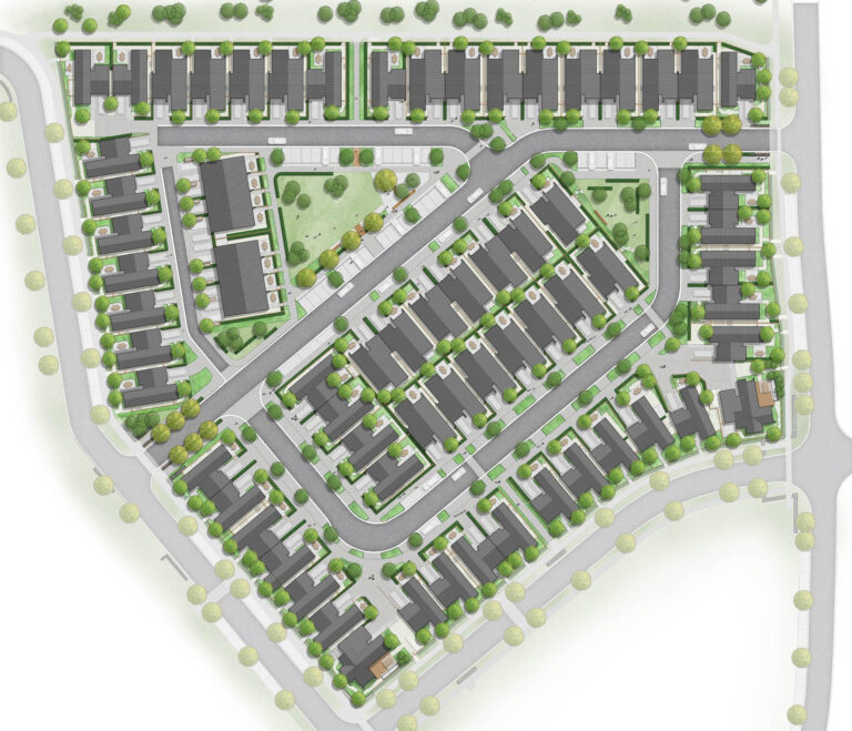 Landscape masterplan for Station View at Jacks Point Village showing streets, homes, open spaces and planting.