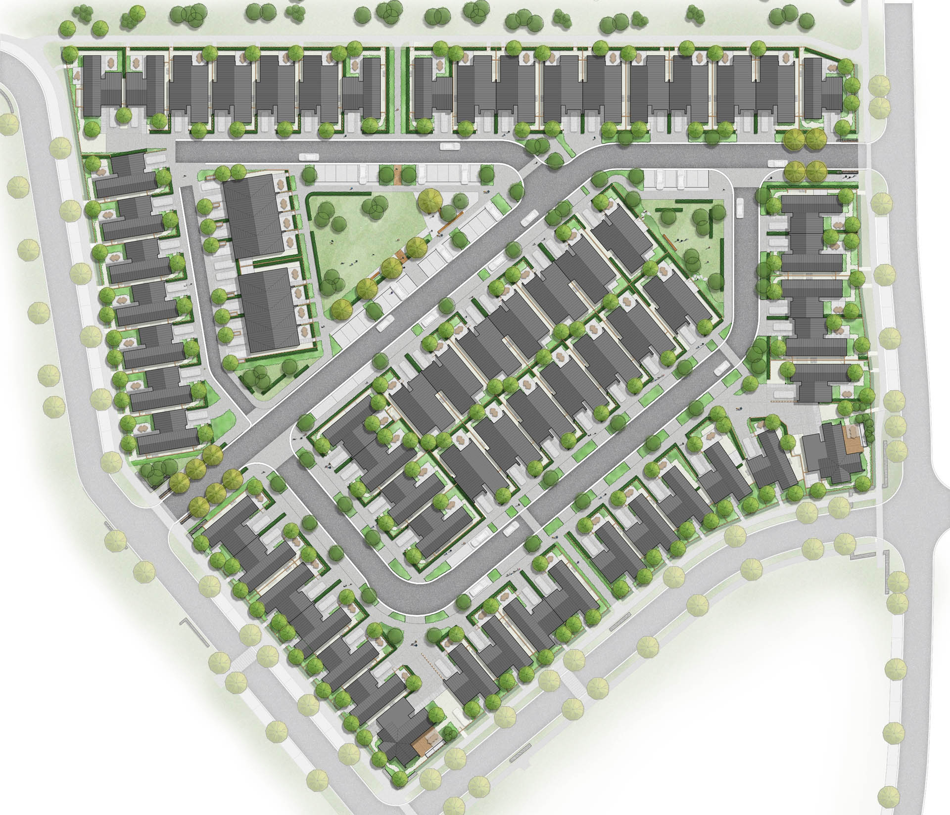 Landscape masterplan for Station View at Jacks Point Village showing streets, homes, open spaces and planting.