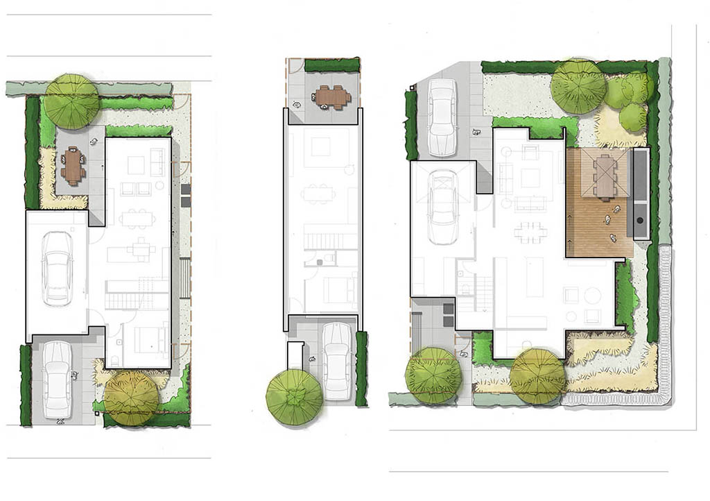 Landscape typology plans for larger residential lots at Station View with varied outdoor living arrangements.