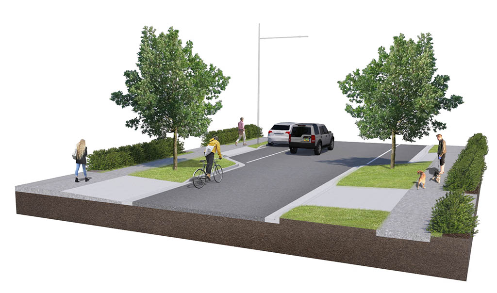 Render of proposed streetscape with deciduous trees