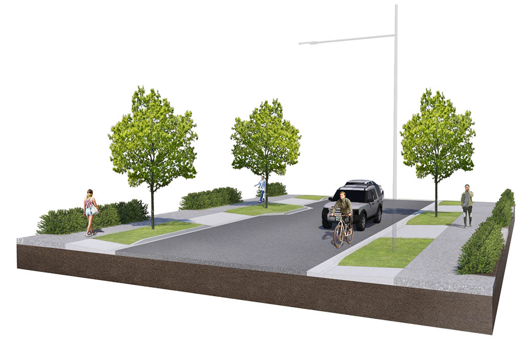 Render of proposed streetscape with deciduous trees