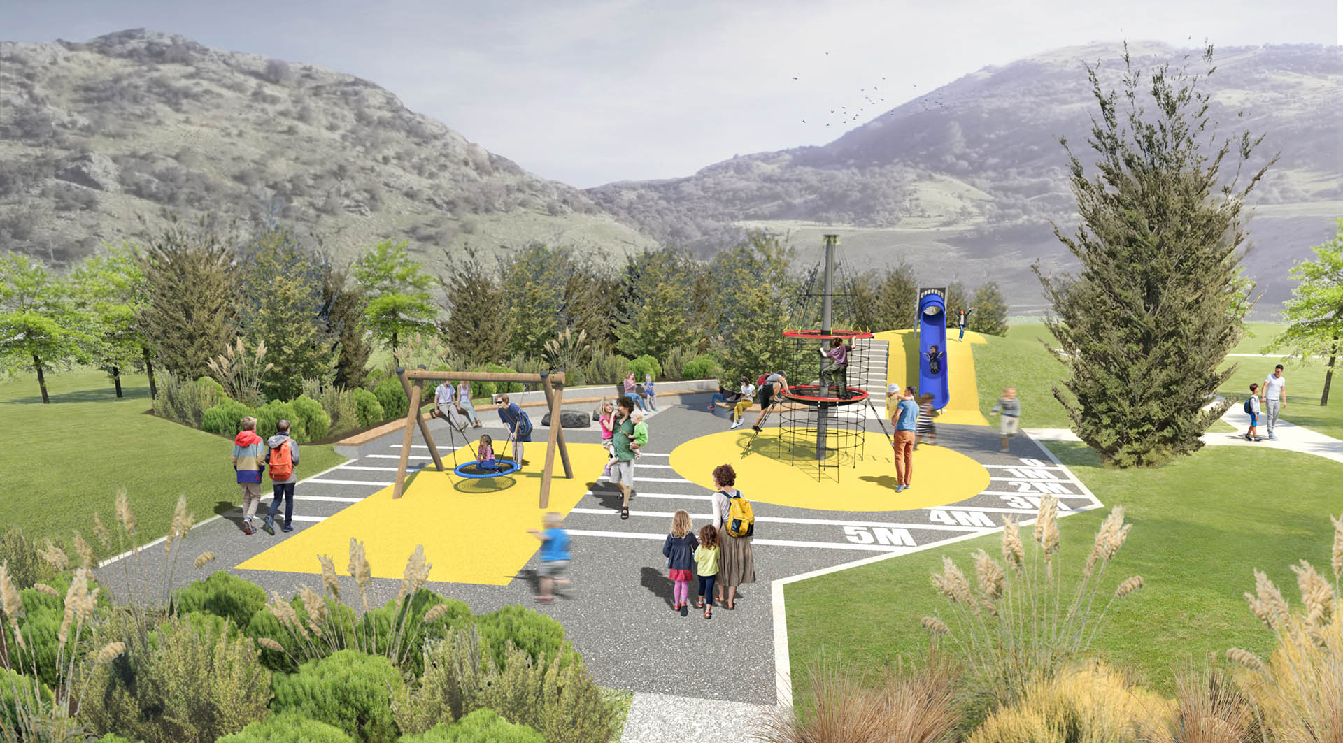 Landscape design visualisation of the Woolbrae neighbourhood park with play equipment, paths, planting and mountain views.