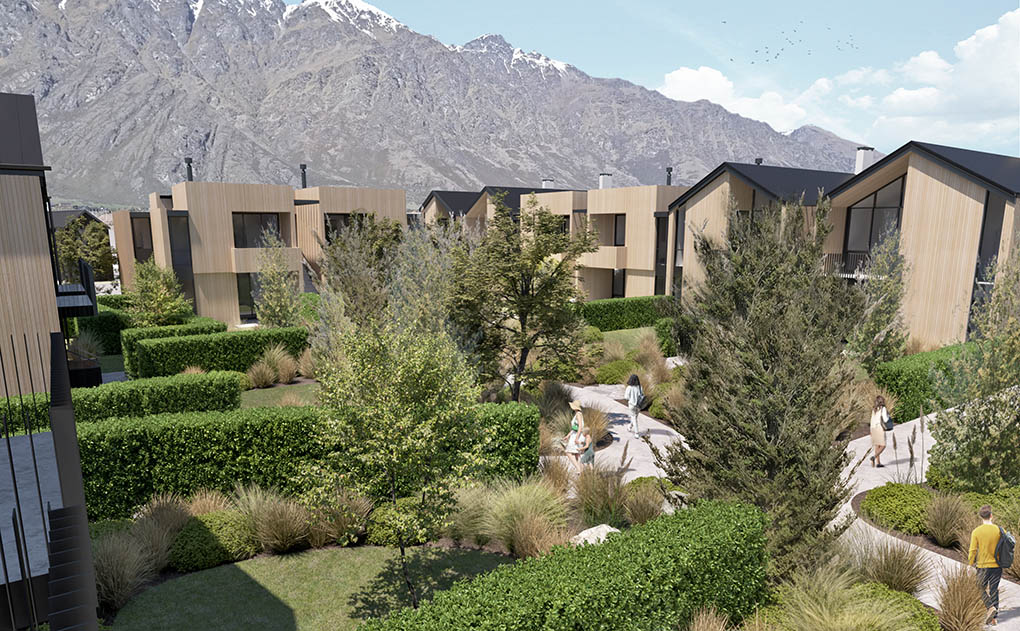 Landscape design visualisation of the central Tewa Precinct courtyard with stone paths, water, hedges and native planting.