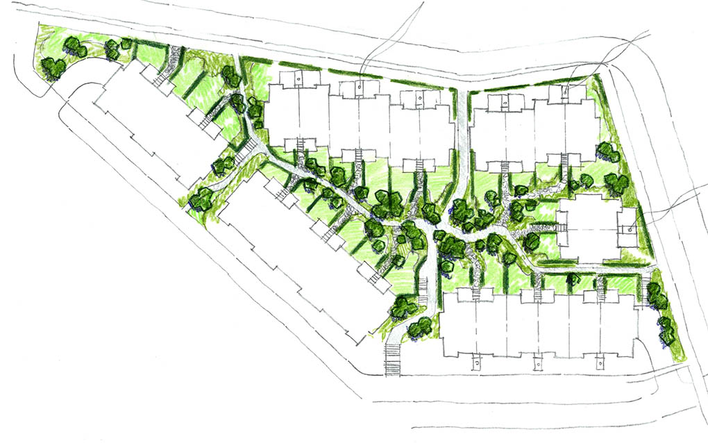 Concept landscape sketch for the central courtyard and pedestrian connections within Tewa Precinct.