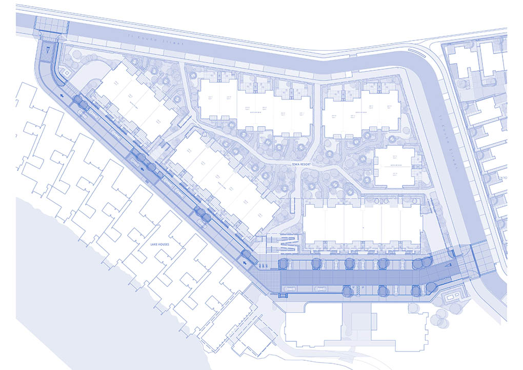 Detailed landscape design drawing for Tewa Precinct showing planting, paving, paths and building interfaces.