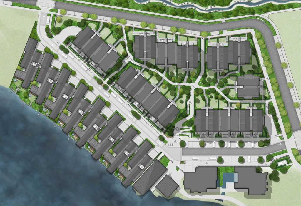 Landscape masterplan for Tewa Precinct at Jacks Point Village showing lakefront homes, visitor accommodation, streets and a central courtyard.