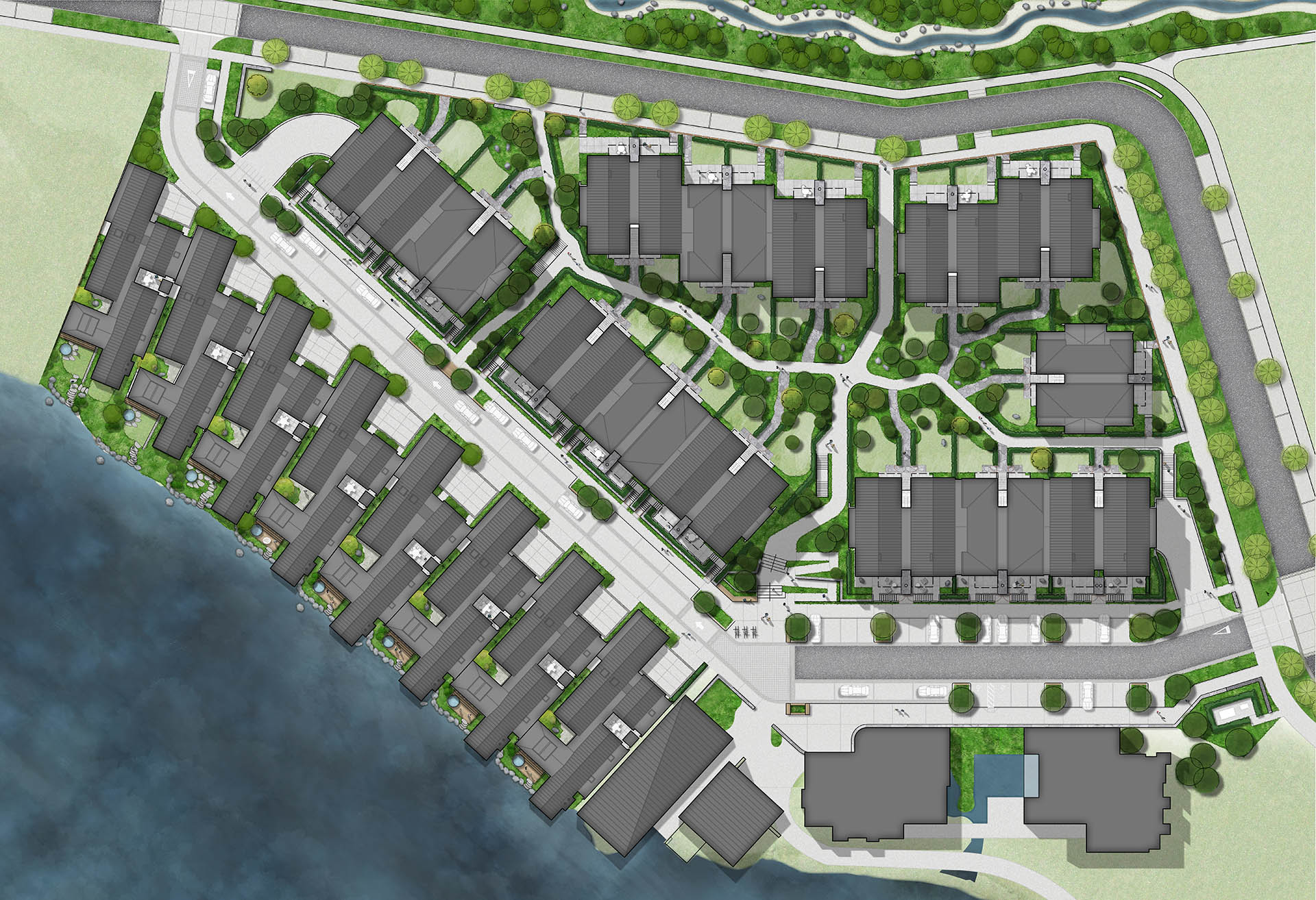 Landscape masterplan for Tewa Precinct at Jacks Point Village showing lakefront homes, visitor accommodation, streets and a central courtyard.