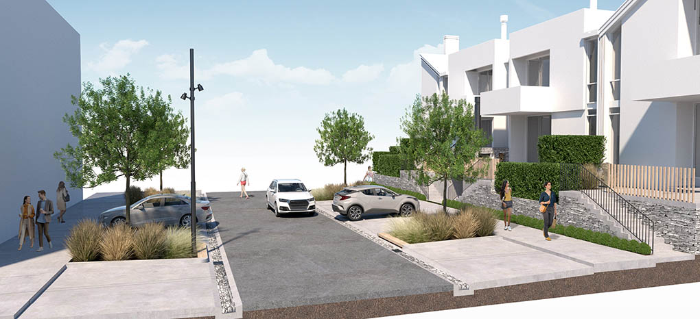 Streetscape visualisation for Tewa Precinct showing parking, footpaths, street trees, planting and stone walls.