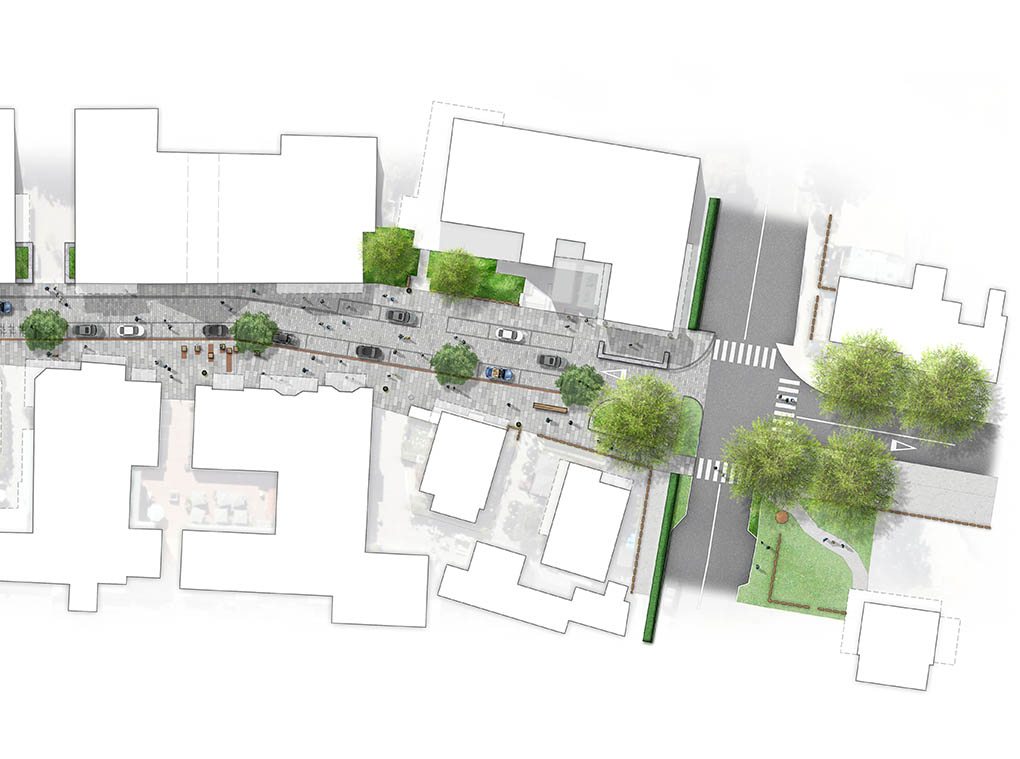 Detailed plan of the central Buckingham Street shared lane with paving, seating, trees and pedestrian connections.