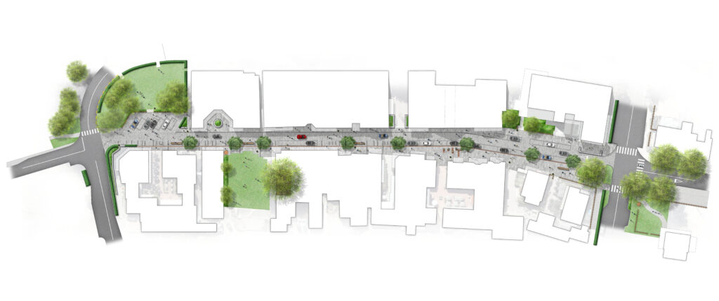 Full concept plan for the Buckingham Street shared lane in Arrowtown, showing pedestrian spaces, planting and street connections.