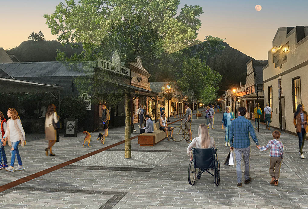 Design visualisation of the proposed Buckingham Street shared space with pedestrians, seating and heritage buildings.