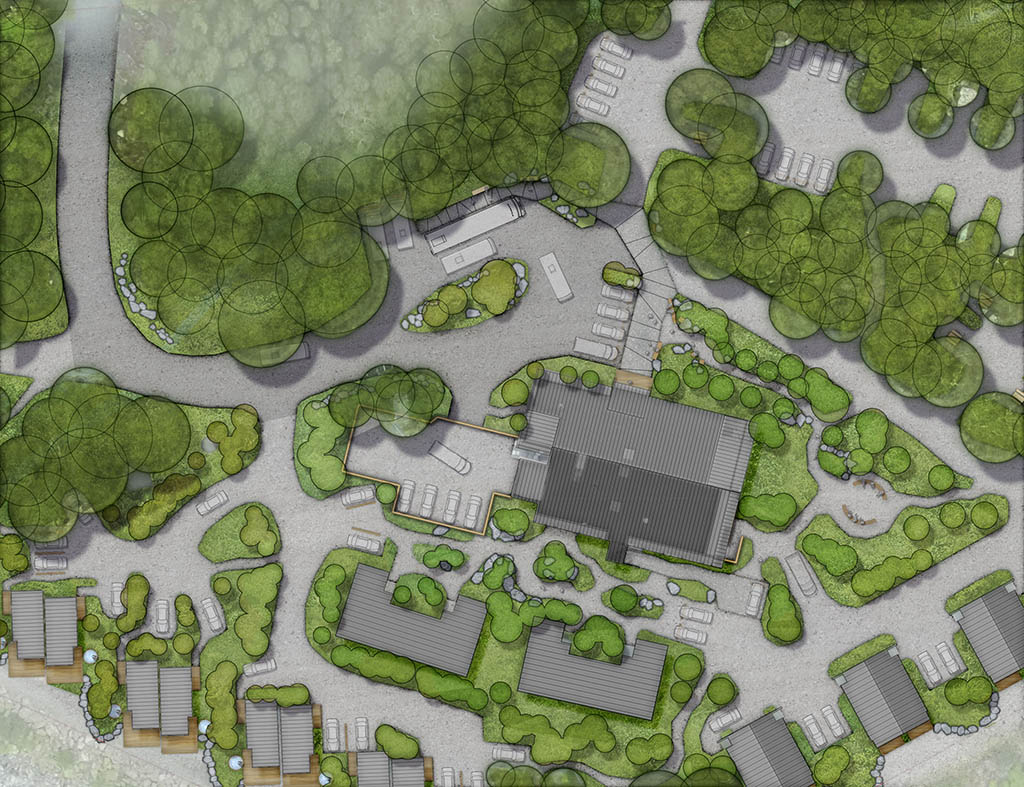 Detailed landscape plan for the Milford Sound Lodge entrance showing paths, planting, parking and arrival spaces.