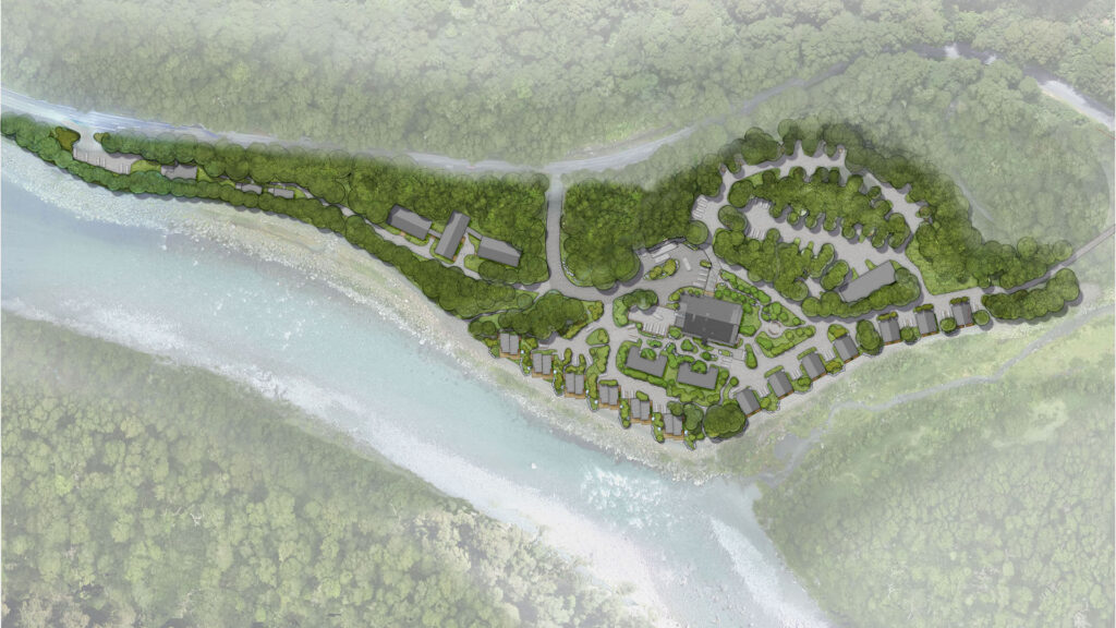 Rendered plan prepared for Milford Sound Lodge, illustrating the proposed landscape layout and design intent.