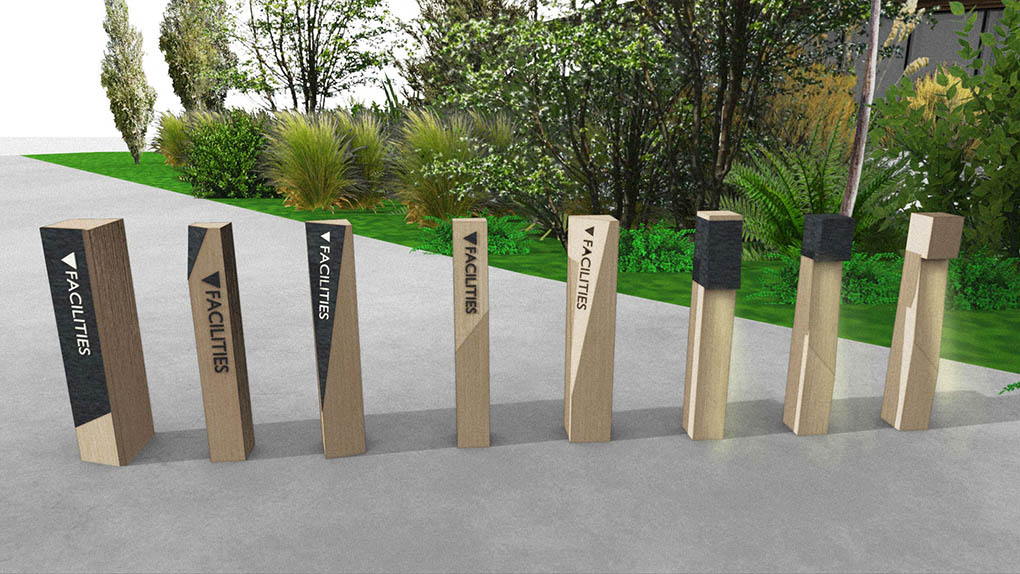 Design options for timber wayfinding and lighting bollards at Milford Sound Lodge.