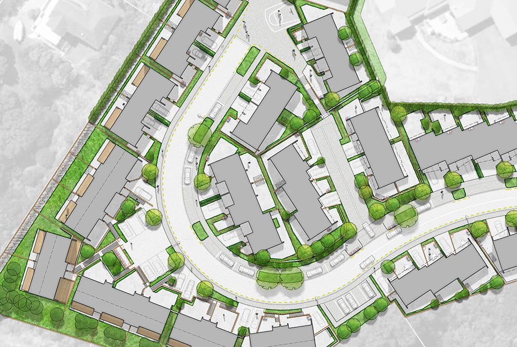 Detailed plan for Porirua Hilltop Subdivision showing housing clusters, streets, paths and landscape areas.