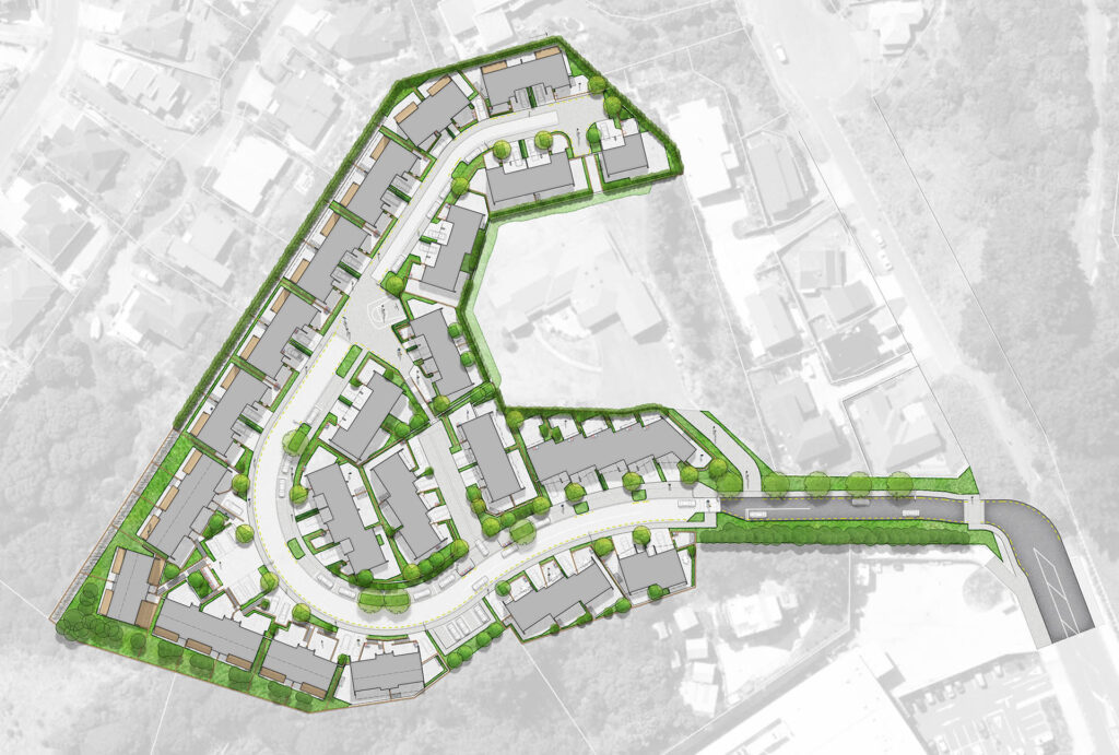Landscape masterplan for Porirua Hilltop Subdivision showing roads, housing, open space and planted edges.