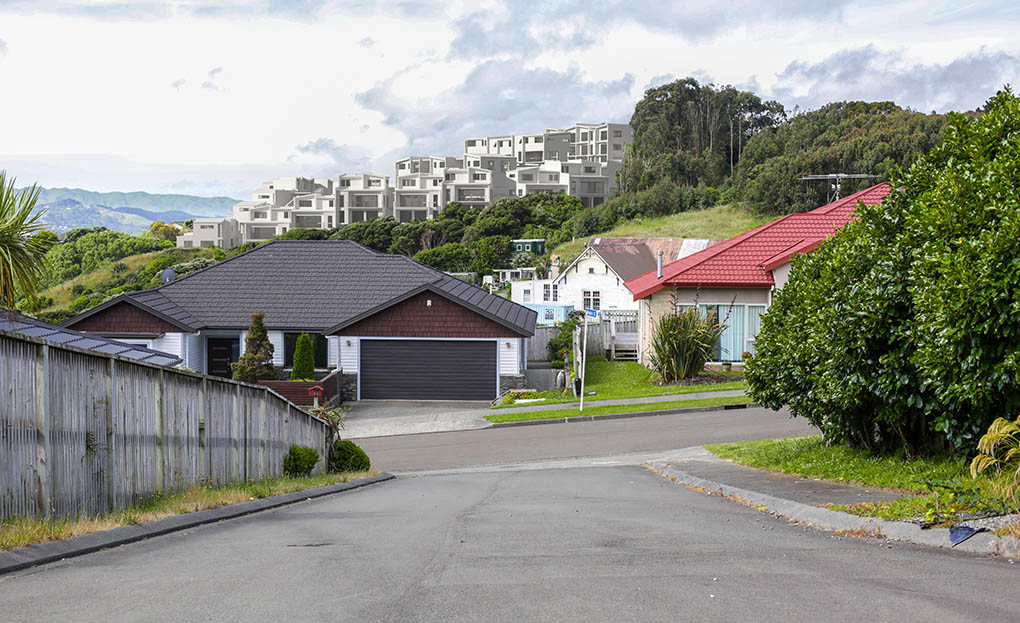 Photomontage showing the proposed Porirua Hilltop development from an existing residential street.