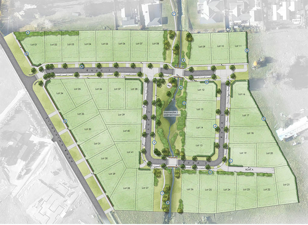 Landscape masterplan for Studholme Rise showing streets, lots, stormwater planting and the central green corridor.