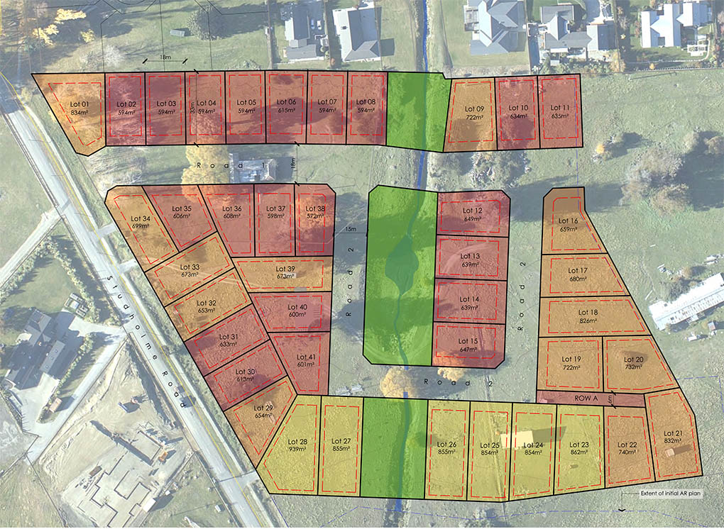 Subdivision layout plan for Studholme Rise showing lot sizes color coded