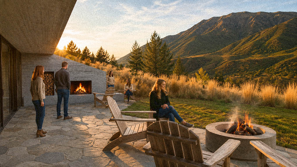 Landscape design visualisation of cabins and a wellness terrace set within tussock grassland at Kawarau River Retreat.